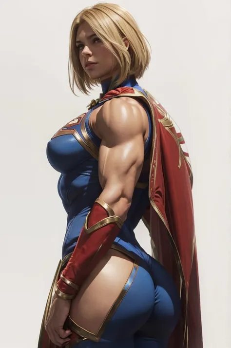 sexy supergirl, muscular arms, beautiful face, short light hair, big ass, muscular woman, (bulky arm, huge tricep:1.2 )