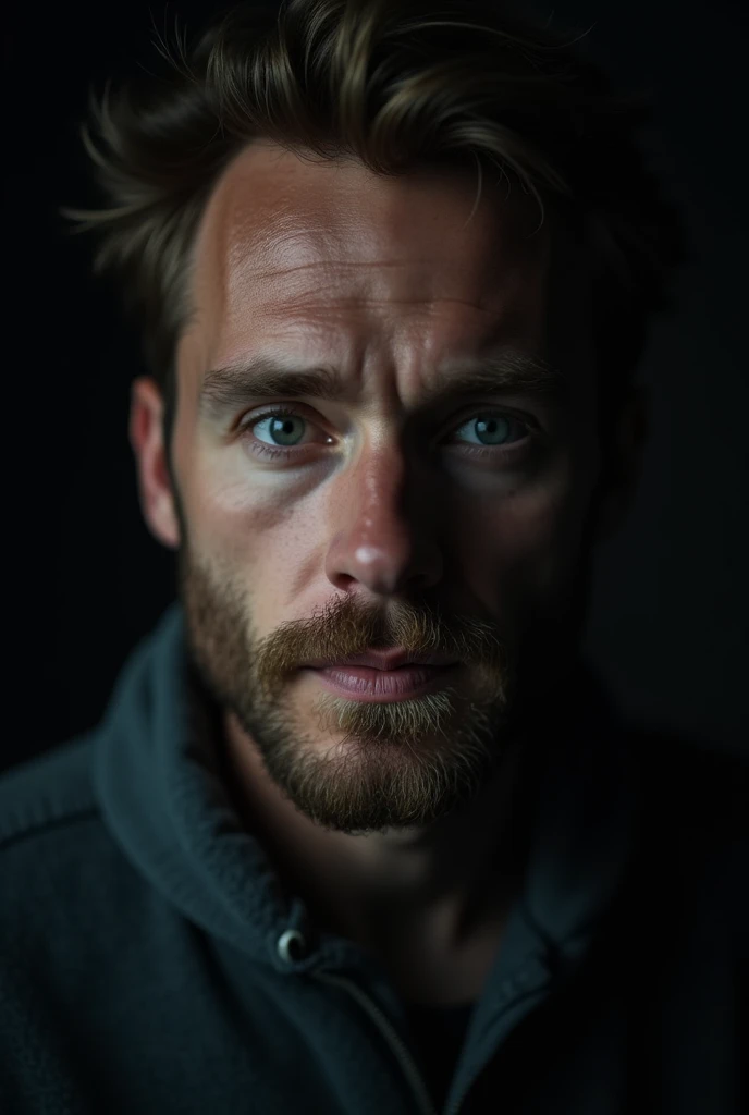 (close-up, editorial photography of a 31 year old man), ( Highly detailed face :1.4) (to smile:0.7) (dark background,  melancholic nocturnal , private study:1.3) throw, Directed by: Lee Jeffries,  Nikon D850 : Câmera  Nikon D850  |, film stock photograph ,...