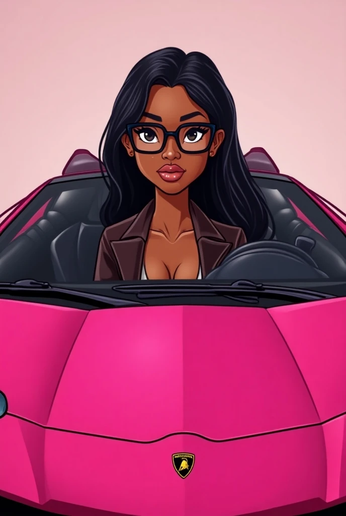 Light skinned black woman with black straight hair and glasses in a pink Lamborghini cartoon 