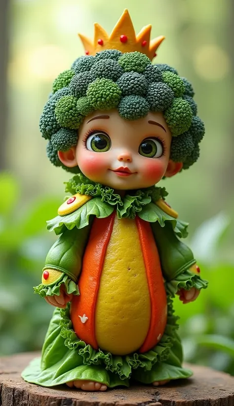 Baby Queen vegetable a strong or friendly baby queen, It should look lively like a &#39;s, It has very colorful armor made of different fruits, a crown of lettuce and a scepter of different vegetables, and a layer with broccoli and lettuce, has very health...