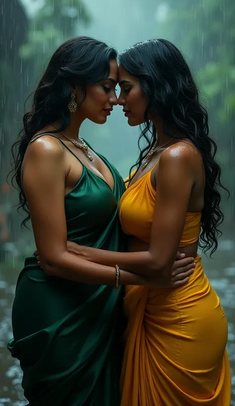 Two Indian women rivals,two so hot women, two sexy indian women,two beautiful 25 year women, two very large breasts curvy figure woman, two very big round shape ass women, Two women wearing satin silk party wear saari,one wearing  green saari with deep nec...