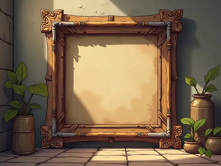 16:9 square wood frame for painting, Medieval model , detailed cartoon style, no character, no item floating, nothing over frame