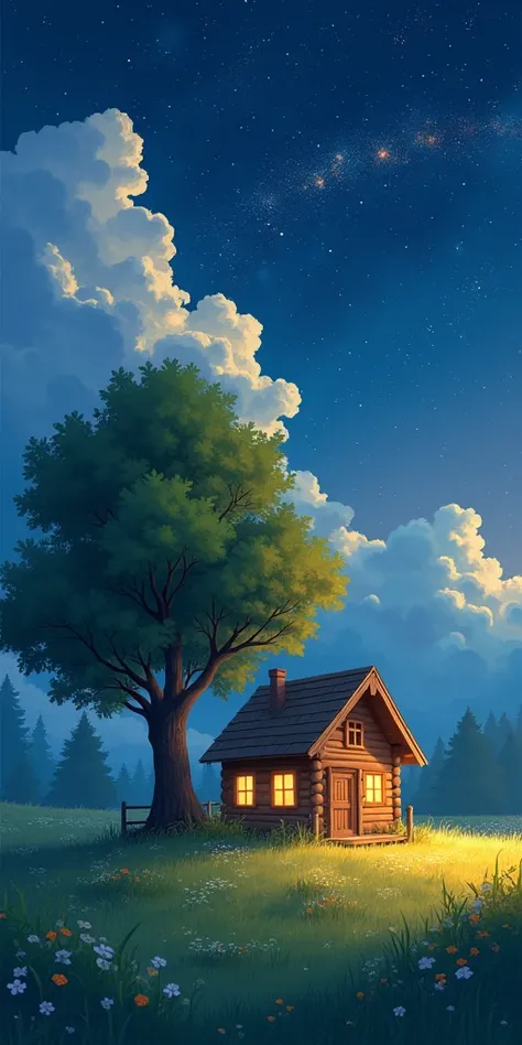 A cozy wooden cabin nestled in the middle of a serene, grassy meadow, bathed in the soft glow of golden light spilling from its windows. A large, majestic tree with a thick trunk and lush green canopy stands beside the cabin, its branches casting gentle sh...