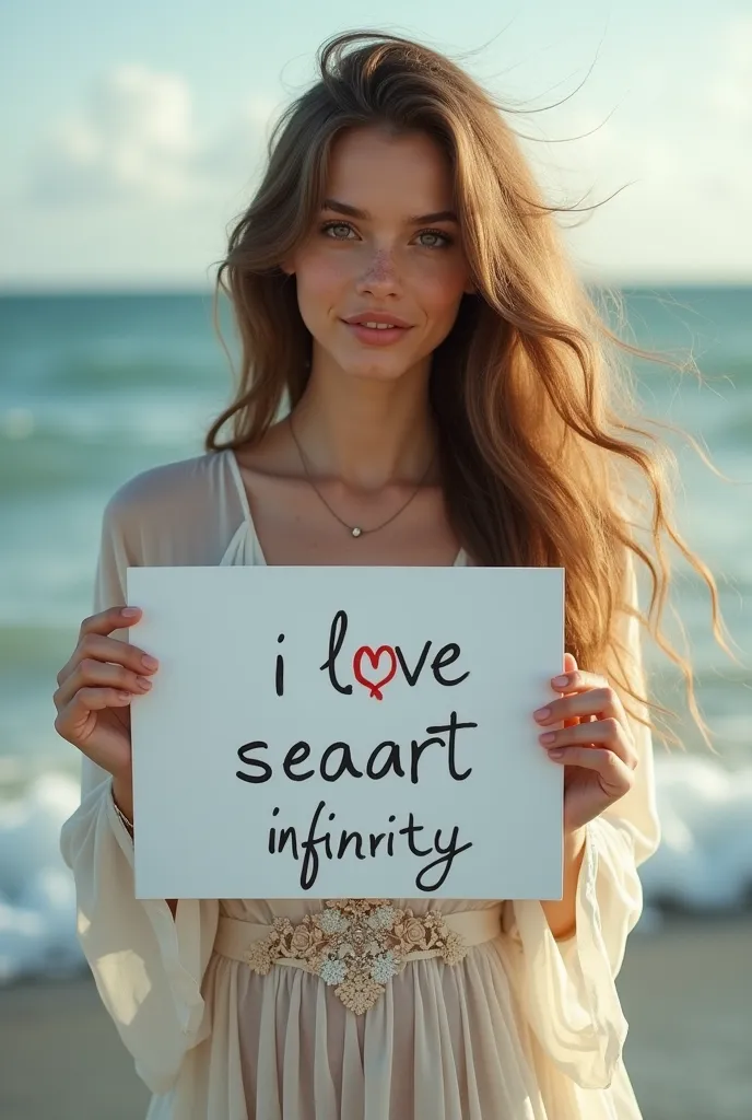  Beautiful girl with long wavy hair in a bohemian dress, holding a white board with writing "I Love Seaart Infinity" and showing it to the viewer