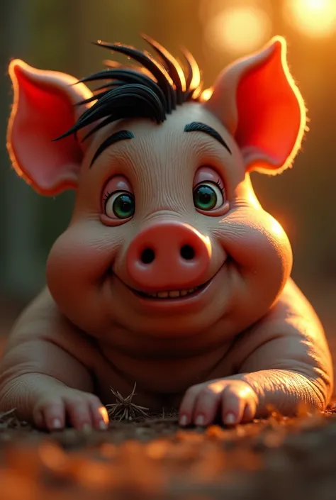 Sexy male Anthropomorphic pig green eyes, golden wet skin shining, orange sunset light, laying down, coy smile, tanned skin, black short shiny hair, Big dick, Hyper realistic, sun, glamour, rippling muscles, full wet lips