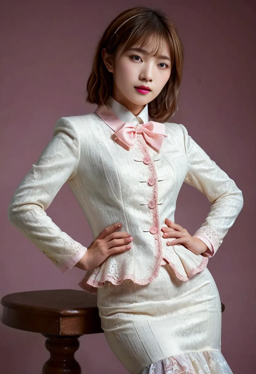 a korean man in ladies vintage suit dress, he is crossdresser, body like a woman, slender female body, his hairstyle is short an...