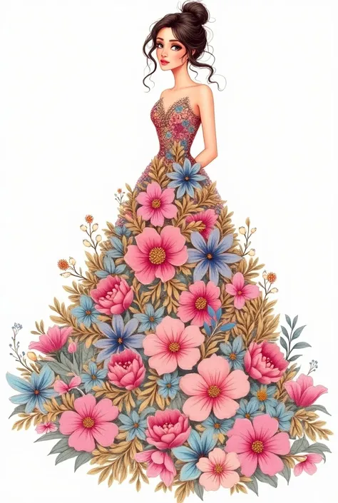 vibrant and whimsical drawing of a  lady in a summer dress inspired by intricate floral layers of colorful flowers and ornate designs in shades of pink, blue, and gold. Incorporate a playful and modern aesthetic.