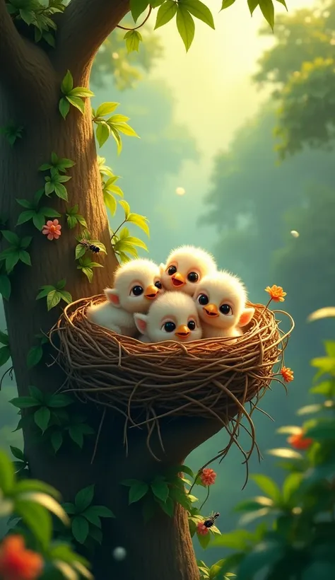 Three eagles baby in nest on tree in jungle 3d animated cartoon