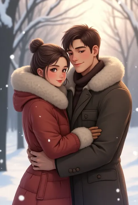 a very clear HD image of "beautiful animated girl wearing winter coat with beautiful husband,while husband wearing their coat to wife"