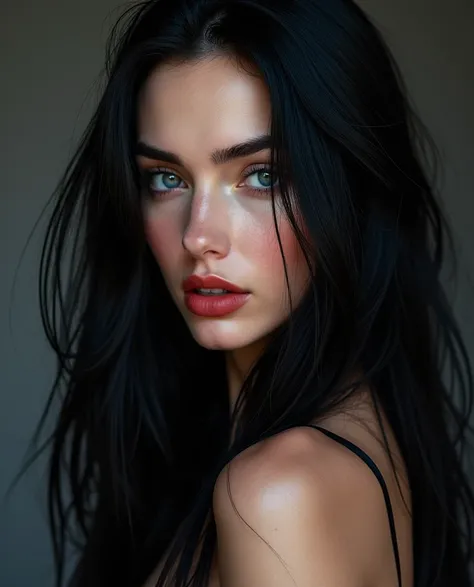  realistic illustrated image ,Megan fox,The most beautiful face in the world,dark sapphire blue eyes,A panther by his side, long jet-black hair ,mirada dominant, perfect face y hermoso, 25 years old , full red lips ,porcelain skin, perfect face,white tea,r...