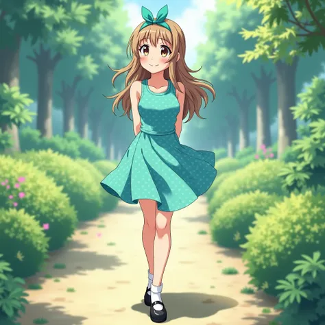 anime, female, light brown hair, athletic body type, sleeveless turquoise dress, polka dots, a-line skirt, knee-length skirt, turquoise hairband, black mary jane shoes, white socks, happy, long hair, round neckline, beautiful, garden, subtle muscles in arm...