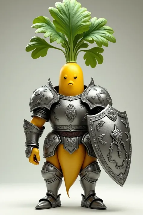 A yellow leaf-shaped radish wearing heavy silver armor and holding a shield.