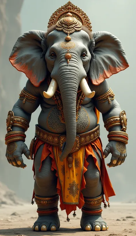 Create an ultra-realistic, photography-style image of a humanoid elephant with a muscular build, adorned with traditional Indian designs and patterns. The elephant should have intricate mandalas and henna-style markings on its skin, emphasizing its cultura...