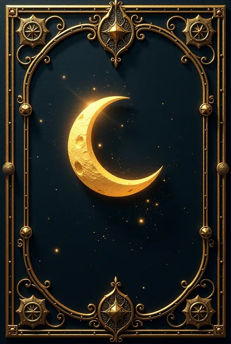 anime, magical back of a medieval card game, bronze frame, intricate center part, simple, minimalist. (black background), (magic gold), The representation emphasizes realistic and highly detailed features, black color, silver. magic sand, (blac and gold ho...