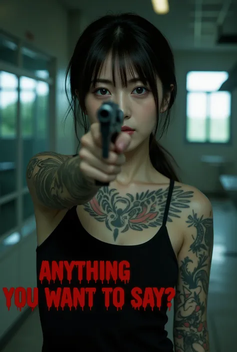 Ultra-realistic photo, high resolution, high quality, adult Japanese beauty, standing with a pistol pointed at the photographer, covered in full body tattoos, emotionless, medium hair, a perfect assassin, the movie title "Anything you want to say?" in text...