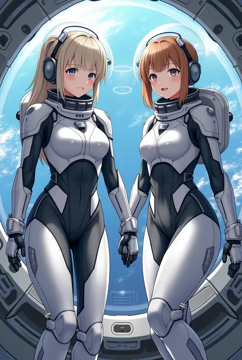 masterpiece:1.4, masterpiece, Highest quality, high resolution, newest, 2girls, friends, (group shot):5, (upper body):5, kyoto animation style, detailed, BREAK space station interior, zero gravity environment, floating, BREAK (white and black mechanical sp...