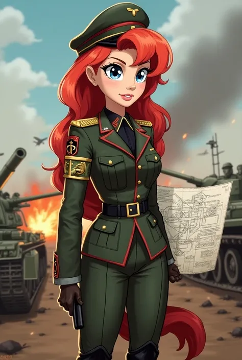 Eqg adagio Dazzle as heinz guderian father of blitzkrieg  female with red hair color and Blue eyes 