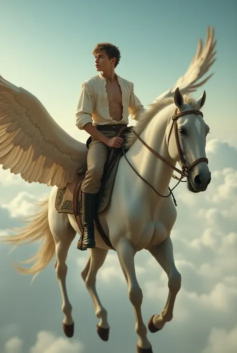 Draw a young man dressed in old antique clothes undressing on a horse flying into the sky
