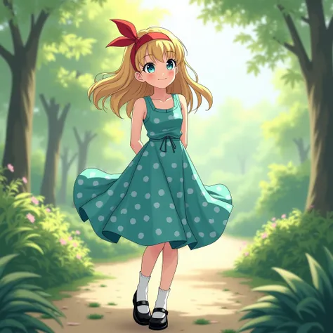 anime, female, blonde hair, blue eyes, athletic body type, sleeveless turquoise dress, polka dots, a-line skirt, knee-length skirt, red hairband, black mary jane shoes, white socks, happy, long hair, round neckline, beautiful, garden, subtle muscles in arm...