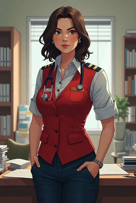 One illustration of A military woman who is at the same time  a doctor and an attorney working in dswd wearing a red vest 