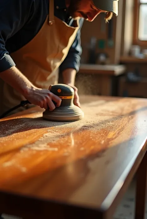 polishing the surface of a wooden table, making it smooth and shiny. 