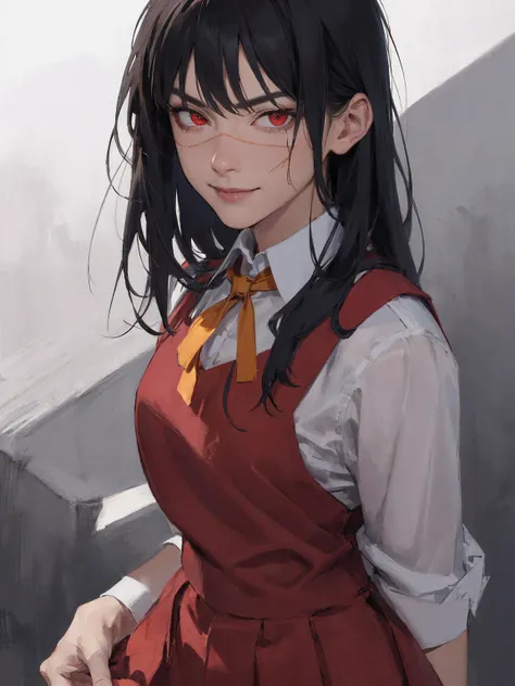 (masterpiece,  best quality: 1.2), night( Chainsaw Man ),( in a skirt {x} very detailed face, real image,  Real Skin,  REALISTIC BODY ,  Intricate Details ), (Alone,  upper body)  Evil Smiles , 
Serious,  stares at the viewer , red eyes,  school uniform, P...