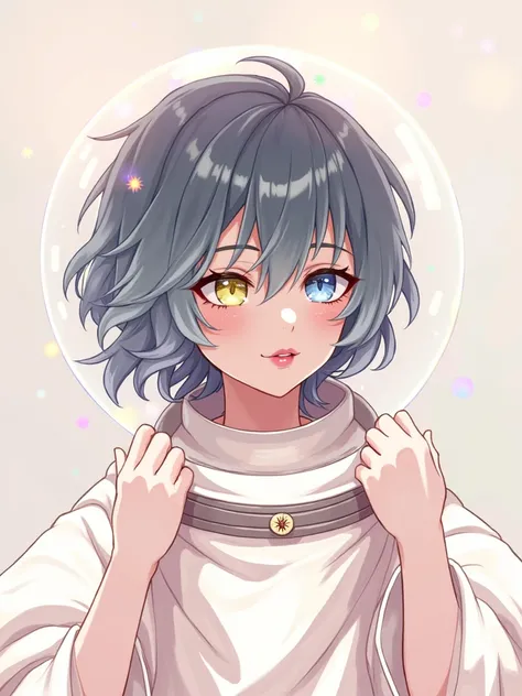  Closeup of a Better Masterpiece：1.5)0.9]、(Space and astronauts：1.2) (Disheveled silver hair：1.1) (Heterochromia and Yellow and Blue Eyes：1.2) ( space helmet：1.0) (Colored stars in the eyes：1.0) (Shining Light：1.1) (Thick lips：0.9)