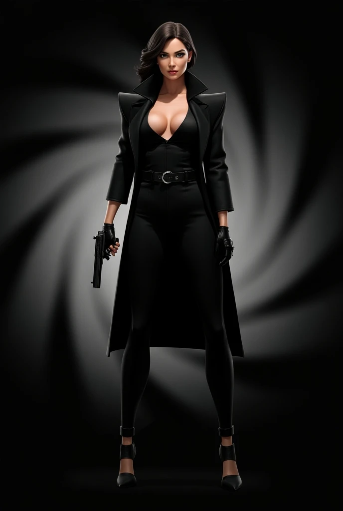 Totally spies Mandy with black outfit as 007 James bond  Brosnan female gunbarrel with a Walther PPK handgun 