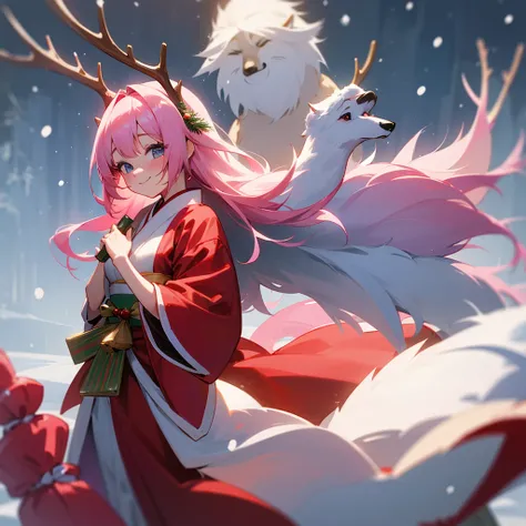 Christmas，snow， in a Japanese dress， holding a lottery box ，Girl with her pink hair ，Hair is long and flowing，Smiled brightly，she is cute， behind a Santa Claus ，There are elk