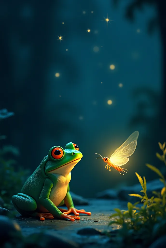 a green frog, {seeing a firefly glowing at night}