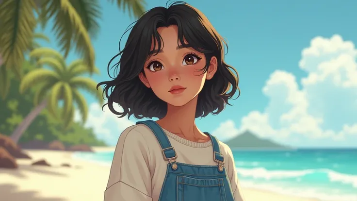 Extreme close-up of a Young woman (Brownish skin, Medium curly black hair, brown eyes, Jeans overalls, white sueter), Scenario (a beach, paradisiac island), Art Style (Cottagecore art style, Shoujo Anime art, pastel colors) 