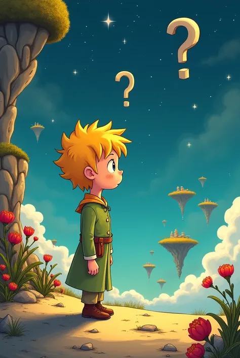 The little prince in a cartoon with question marks analyzing 