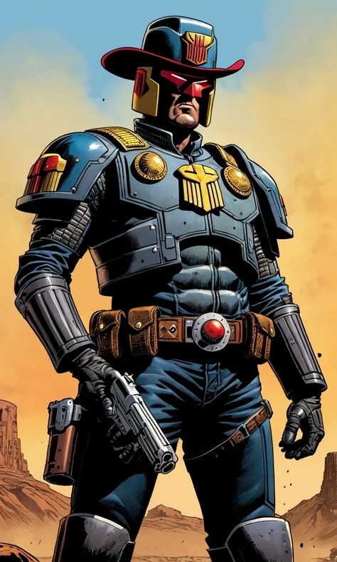 Comics judge dredd in a cowboy themed armor and broad rimmed hat helmet, big badge, huge gun. He is confronting cyborg villain cowboys, explosive shootout, high danger, broken cyborgs
