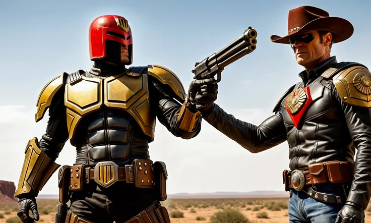 Comics judge dredd in a cowboy themed armor and broad rimmed hat helmet, big badge, huge gun. He is confronting cyborg villain cowboys, explosive shootout, high danger, broken cyborgs
