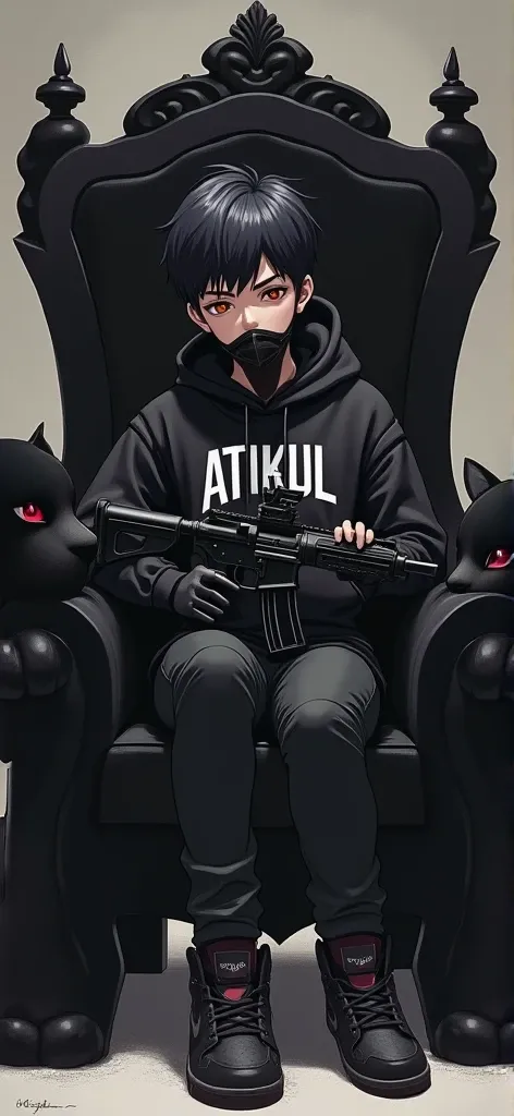 A boy with short, black hair with a gun wiring a black mask seated on an black throne, They wear a black jacket with a prominent White ATIKUL and matching sneakers. Flanking the throne are two black panther with redeyes, both resembling Samoyeds.