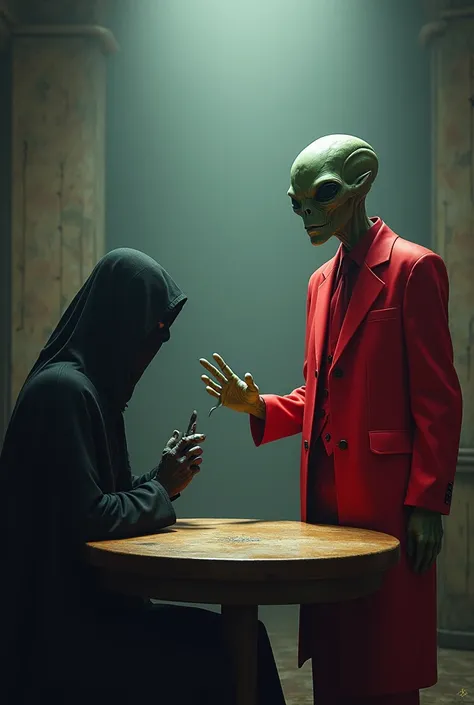 The alien is standing And he wears a red jacket and red tie explaining with his fingers on the table to a mysterious dark being who is sitting in a chair, mystery scenario . 