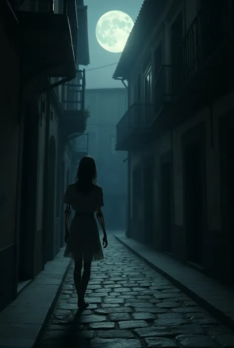  It represents Talla Huesos ,  a thin, skeletal man ,  hidden in the shadows of a cobblestone street in Cuenca ,  watching an innocent young woman walking alone under the moonlight.