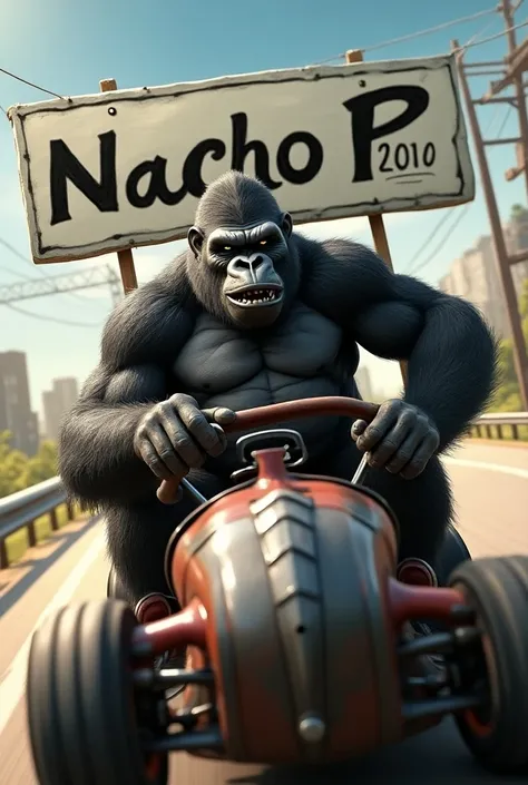  Make a gorilla with a sign that says Nacho p  ,  since that is his name and that he goes by car very fast and there is a sign that says on the: 2010 ❤️ y se diriga hacia esa dirección 
