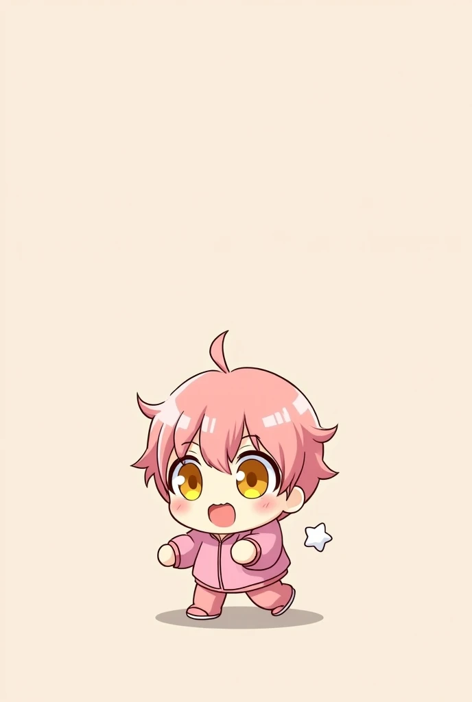 Create chibi anime-style images of a boy with pink hair, Asian comma style, wearing a white star accessory and yellow eyes with pink clothing.