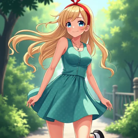 anime, female, blonde hair, blue eyes, athletic body type, sleeveless turquoise dress, polka dots, a-line skirt, knee-length skirt, red hairband, black mary jane shoes, white socks, happy, long hair, round neckline, beautiful, garden, subtle muscles in arm...