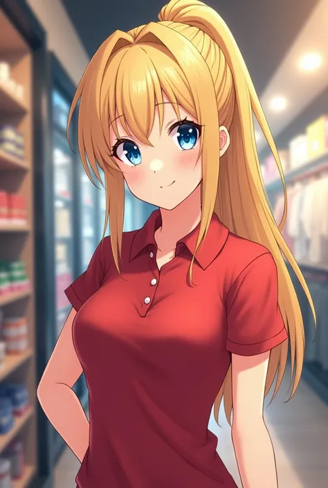 A close view of young anime anime woman standing in a store, with long blonde hair with ponytail and blue eyes, wearing red skinny polo shirt with short sleeves, looking with smile