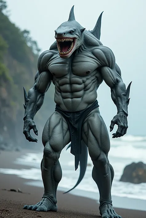  A shark hybrid with a muscular human body and gray skin . Its head is that of a shark ,  with serrated teeth and black eyes .  It has dorsal fins and is on a rocky beach with waves crashing in the background.”