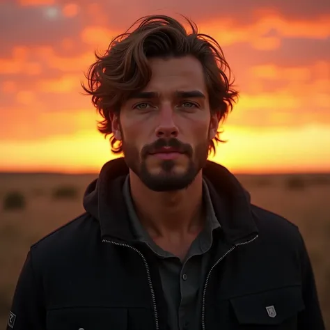 Young man, Caucasian skin, with little beard on the face, medium hair, greeneyes, Black jacke, sunset in texas united states 