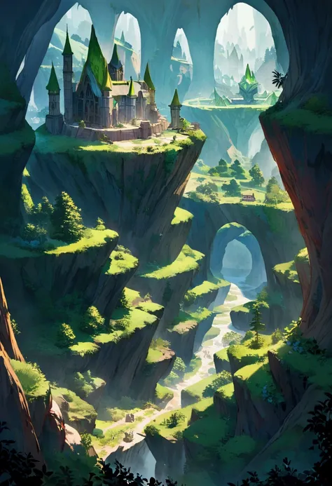 The elven capitals landscape is in the middle of a large forest. There are green crystals. In the heart of the city
All the houses were made mainly of wood in the Middle Ages. A green light shot out from the crystal in the middle of the city.