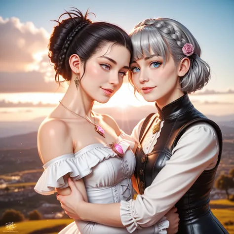 2 women holding each other in the foreground  , hugging, [ woman 1 silver hair , light gray hair,  langes Haar, zopf, braid, blue Fantasies uniform ,   Victorian uniform  , Fantasies,  golden details ,   necklace with crystal pendant around the neck ] [Wom...