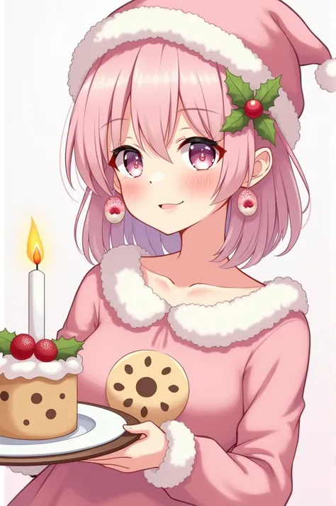  Anime style drawing, She&#39;s a girl , with almost short hair reaches the middle of her shoulders her hair is pink ,pastel pink eyes, soft pink lips she wears pastel-shaped earrings , She has a pink Christmas hat  ,  pink Christmas dress with cookie desi...