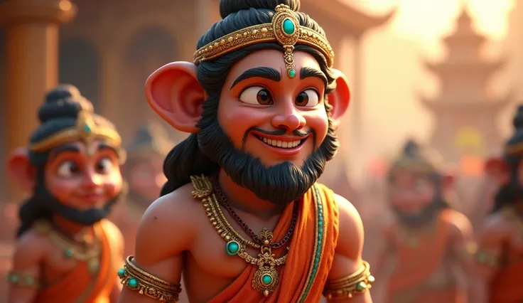 Indian god hanuman of monkey face as a cute  showing his strong mind with lots of positive thoughts on it.wearing Indian traditional dress and jewellery. Smiling. Generate a cinematic 3d cartoon type realistic ultra 4 k image. Ultra 4 k image