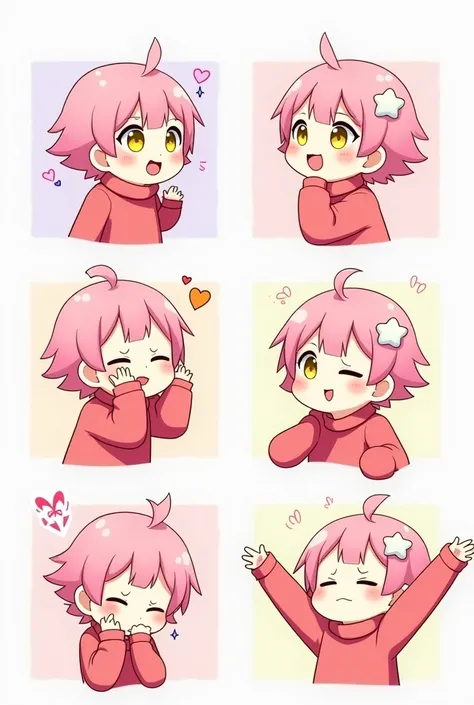  Create chibi anime style images of a boy with pink hair in Asian comma style with a white star accessory and yellow eyes in pink clothing having different reactions, Like crying , laughing, in love, etc si es in love agrégale corazones y así con todo 