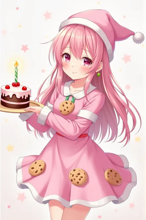  Anime style drawing, She&#39;s a girl , with long, messy hair , Is pink the hair  ,pastel pink eyes, soft pink lips she wears pastel-shaped earrings , She has a pink Christmas hat  ,  pink Christmas dress with cookie design  , in his hand carries a cake o...