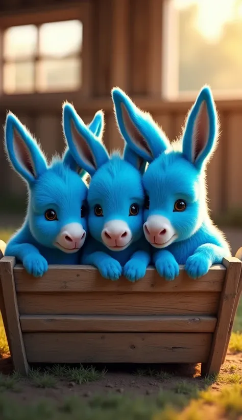 A super realistic image of five baby donkeys with neon blue fur, snuggling in a wooden animal cradle. Their oversized ears and soft fur create a whimsical and striking visual. The cradle is placed in a peaceful barn setting with sunlight streaming in."